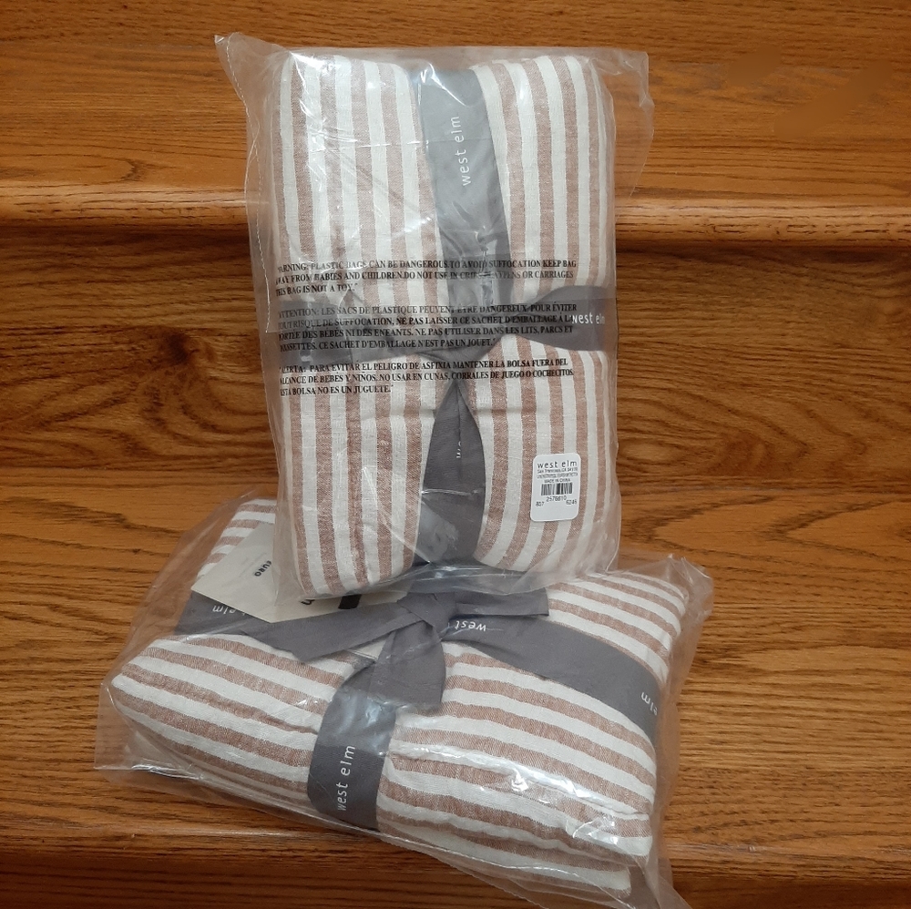 West Elm 2 European Flax Linen Stripe Box Stitch Euro Shams Terracotta
